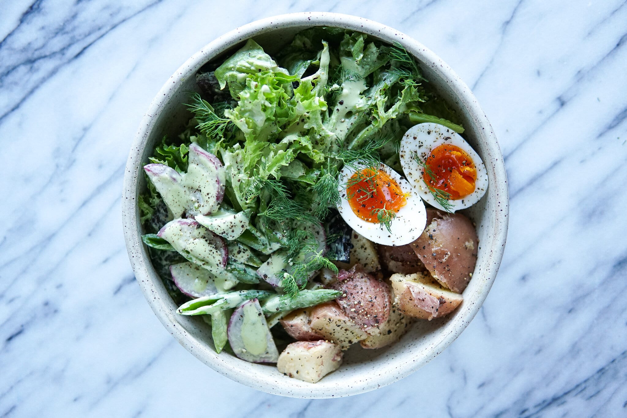 Soft-boiled eggs, dill sauce and smoked halibut with toasted