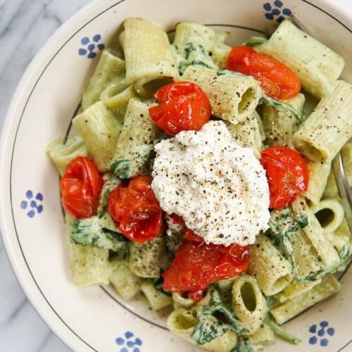 Walnut Ricotta Basil Pasta with Roasted Tomatoes