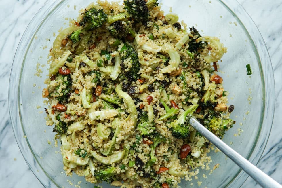Roasted Broccoli Fennel Quinoa Salad with Raisins and Almonds Natalie