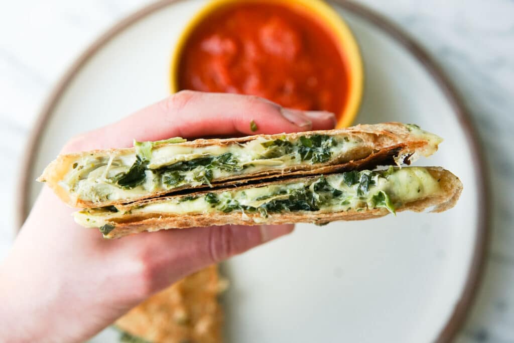 two Spinach Artichoke Quesadillas with Marinara