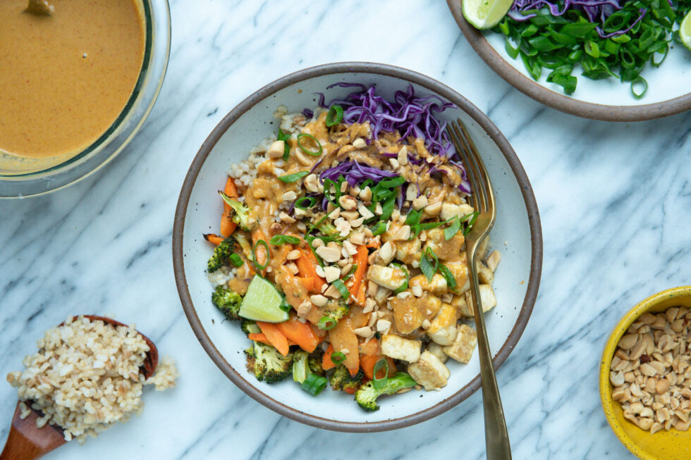 Rainbow Rice Bowls with Spicy Curry Peanut Sauce | Natalie Cooks