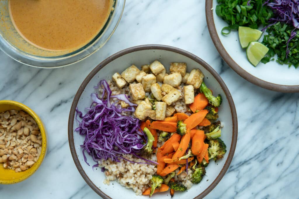 Rainbow Rice Bowls with Spicy Curry Peanut Sauce | Natalie Cooks