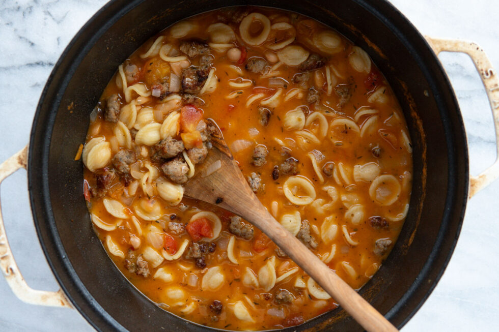 One Pot Brothy Tomato Pasta with Sausage and Beans (Instant Pot option